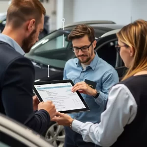 Cliente e vendedor analisando relatório de consulta veicular em concessionária
