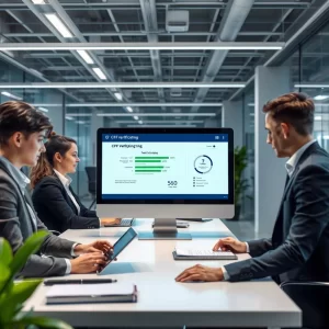 Ambiente corporativo moderno com pessoas realizando consultas de CPF em computadores