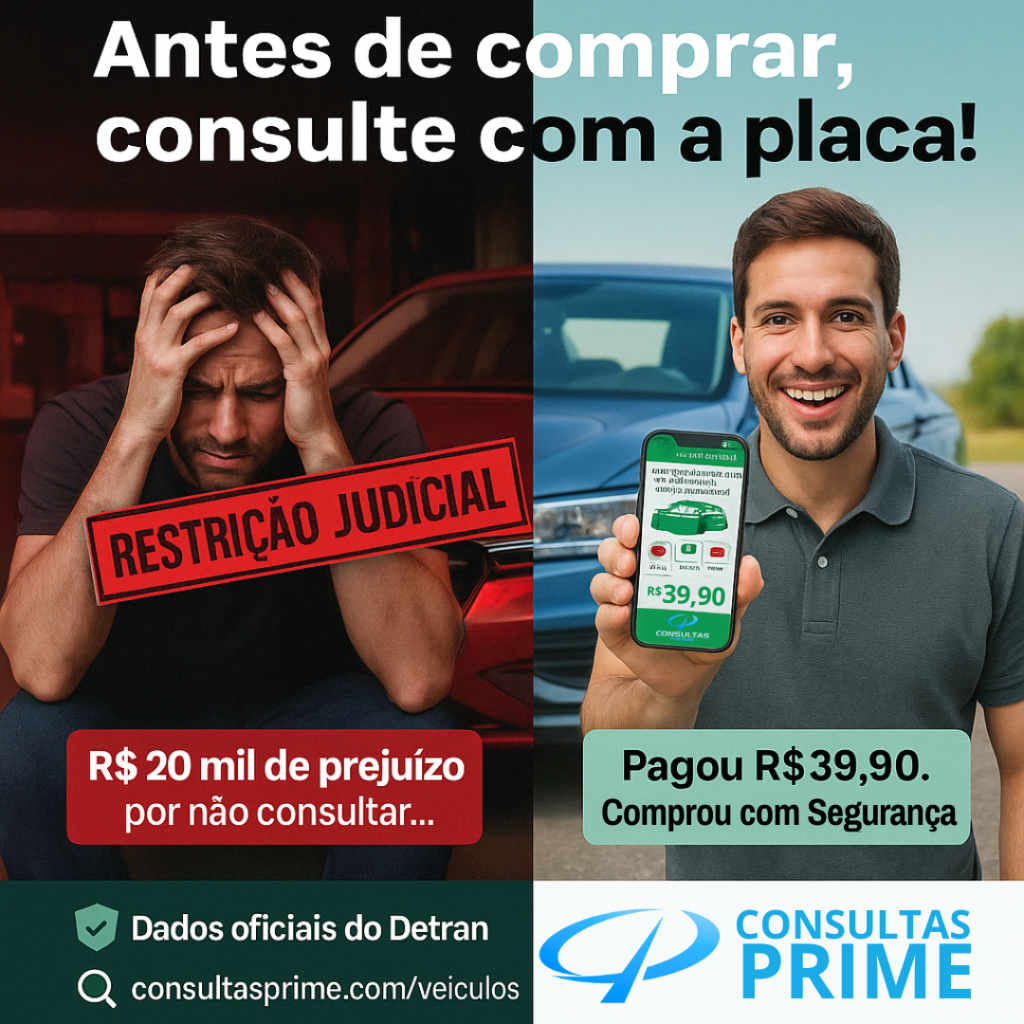 Anúncio comparativo mostrando homem estressado com restrição judicial custando R$ 20 mil versus homem sorridente que pagou R$ 39,90 por consulta segura de veículo pela placa no Consultas Prime