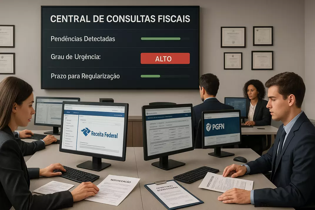 Ambiente profissional de consultoria fiscal com especialistas analisando sistemas oficiais do governo