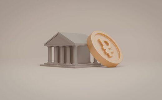 Ícone de banco ao lado de uma moeda com símbolo de real em fundo neutro