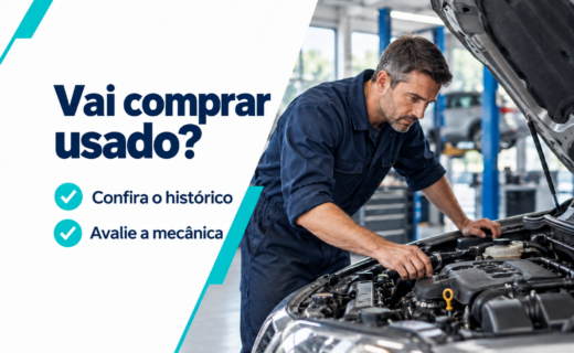Mecânico examina carro com capô aberto; a arte orienta conferir o histórico e avaliar a mecânica antes de comprar.