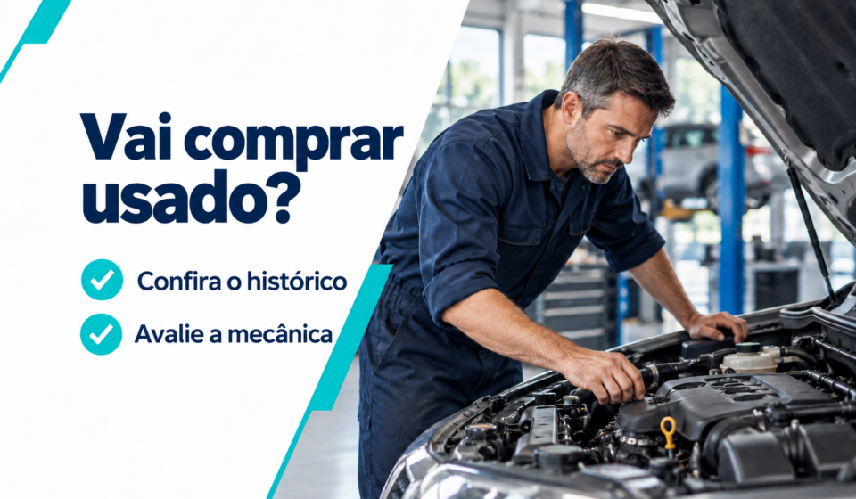 Mecânico examina carro com capô aberto; a arte orienta conferir o histórico e avaliar a mecânica antes de comprar.