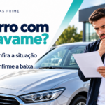 Comprador analisa carro usado; a arte orienta a conferir a situação e a baixa do gravame.