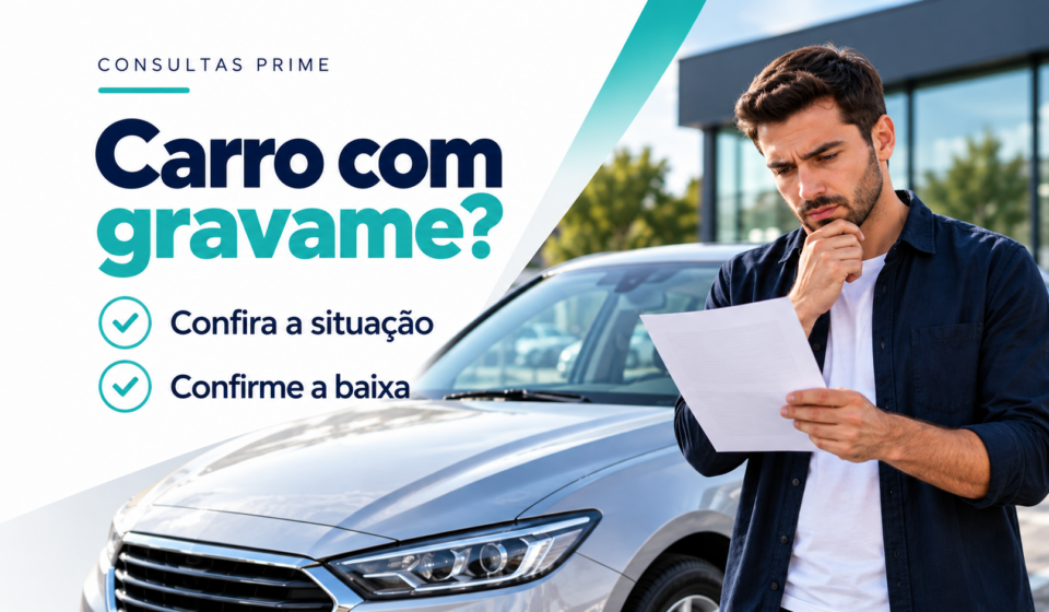 Comprador analisa carro usado; a arte orienta a conferir a situação e a baixa do gravame.