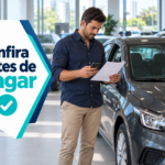 Comprador confere documentos e custos de um carro usado muito barato antes de pagar.