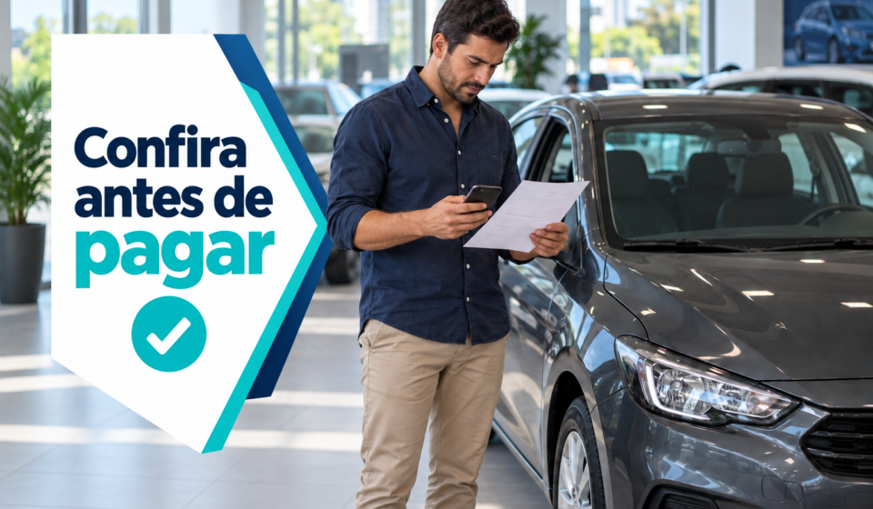 Comprador confere documentos e custos de um carro usado muito barato antes de pagar.
