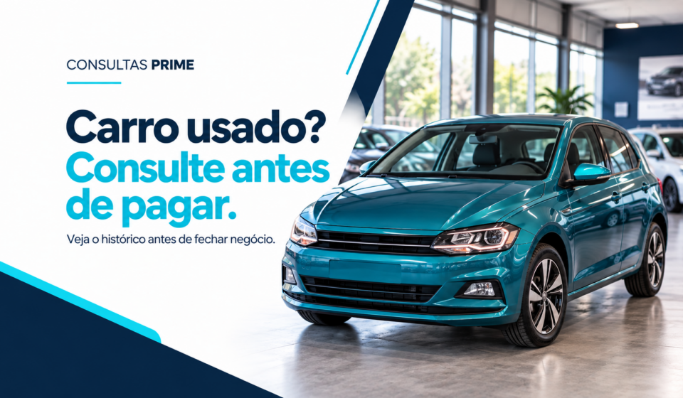 Carro usado em loja com chamada para consultar o histórico antes de pagar.