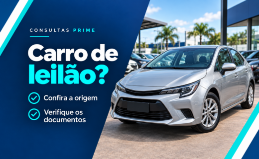 Imagem ilustrativa sobre leilão e sinistro: carro usado em loja, com orientação para conferir origem e documentos.
