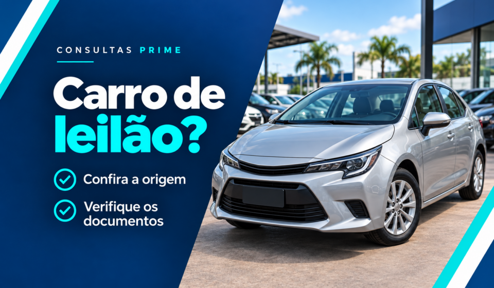 Imagem ilustrativa sobre leilão e sinistro: carro usado em loja, com orientação para conferir origem e documentos.