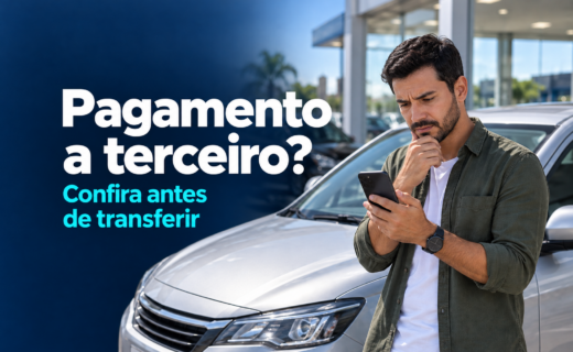 Comprador consulta celular ao lado de carro, com o título Pagamento a terceiro? Confira antes de transferir.