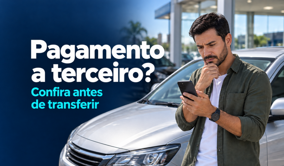 Comprador consulta celular ao lado de carro, com o título Pagamento a terceiro? Confira antes de transferir.