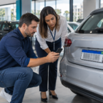 Imagem ilustrativa de duas pessoas conferindo com celular a região do QR Code da placa Mercosul em carro usado; placa desfocada.