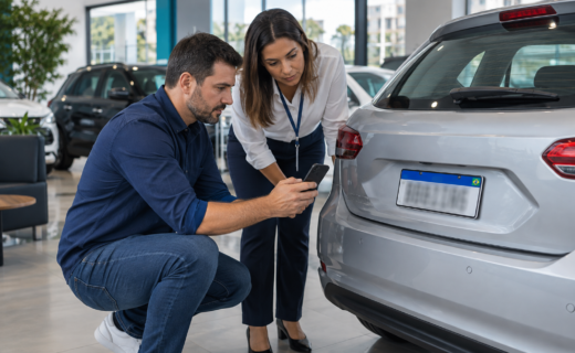 Imagem ilustrativa de duas pessoas conferindo com celular a região do QR Code da placa Mercosul em carro usado; placa desfocada.