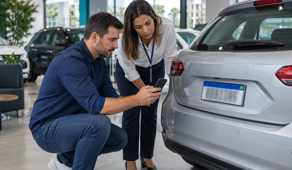 Imagem ilustrativa de duas pessoas conferindo com celular a região do QR Code da placa Mercosul em carro usado; placa desfocada.