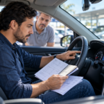 Comprador confere painel e manutenção para investigar possível quilometragem adulterada em carro usado.