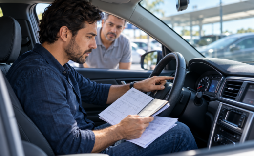 Comprador confere painel e manutenção para investigar possível quilometragem adulterada em carro usado.