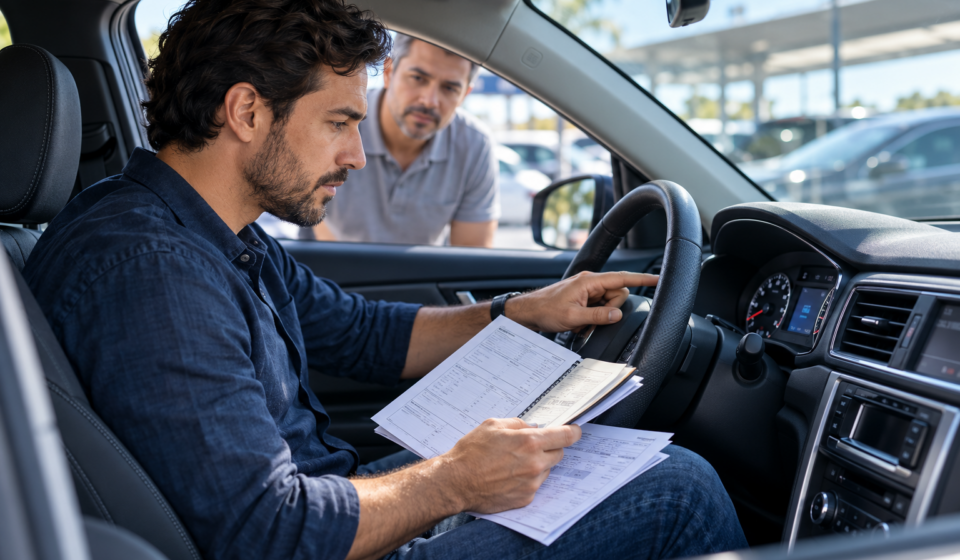 Comprador confere painel e manutenção para investigar possível quilometragem adulterada em carro usado.