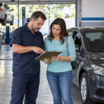 Técnico e proprietária conferem uma prancheta ao lado de um carro em oficina.