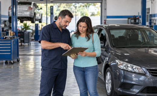 Técnico e proprietária conferem uma prancheta ao lado de um carro em oficina.