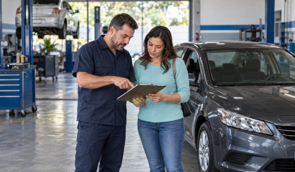 Técnico e proprietária conferem uma prancheta ao lado de um carro em oficina.