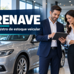 Profissionais de uma loja de veículos consultam um tablet ao lado de um carro; arte com o título RENAVE e a frase Registro de estoque veicular.