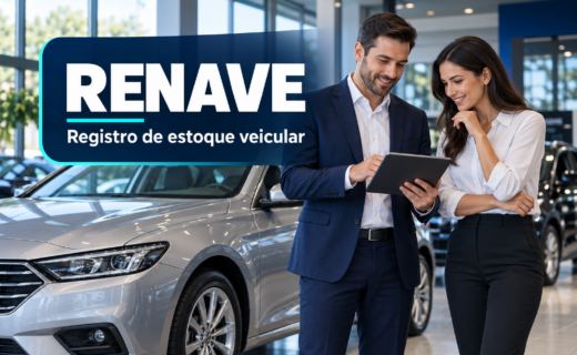 Profissionais de uma loja de veículos consultam um tablet ao lado de um carro; arte com o título RENAVE e a frase Registro de estoque veicular.