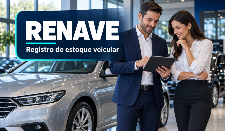 Profissionais de uma loja de veículos consultam um tablet ao lado de um carro; arte com o título RENAVE e a frase Registro de estoque veicular.