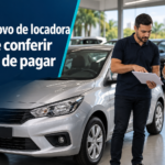 Compradora e vendedor conferem documentos ao lado de um seminovo de locadora.
