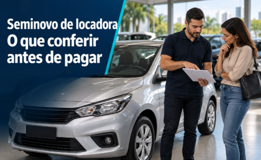 Compradora e vendedor conferem documentos ao lado de um seminovo de locadora.