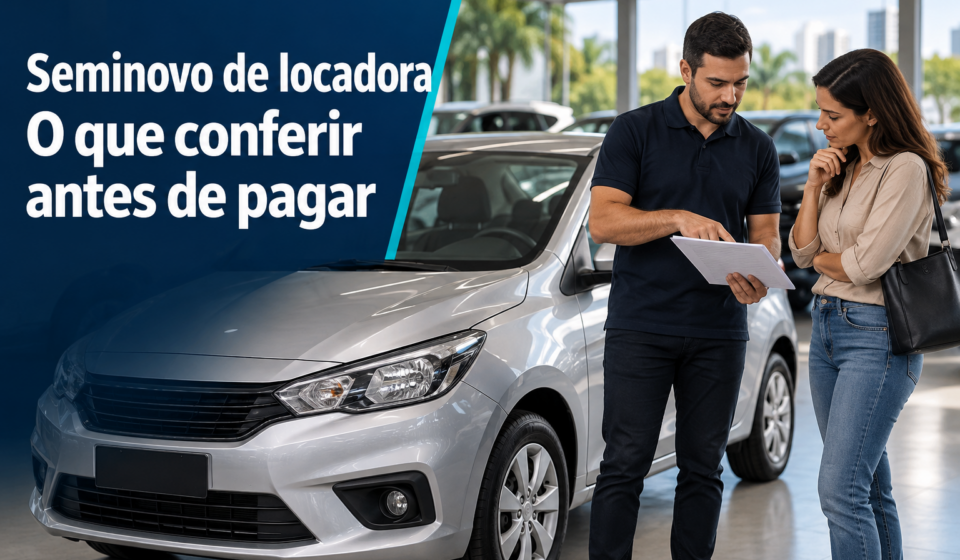 Compradora e vendedor conferem documentos ao lado de um seminovo de locadora.