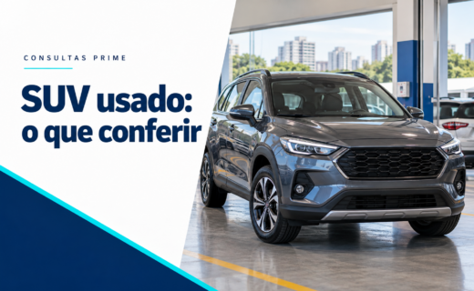 SUV usado em loja de veículos, com chamada para conferir informações antes da compra