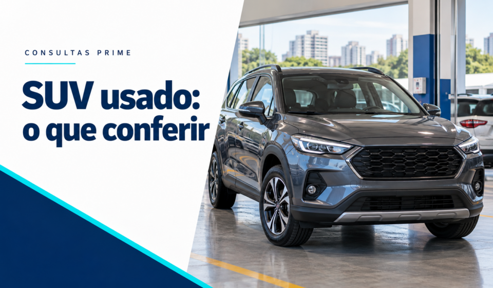 SUV usado em loja de veículos, com chamada para conferir informações antes da compra