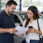 Comprador e vendedor analisam documento e celular junto a carro usado, em fotografia ilustrativa sem texto.