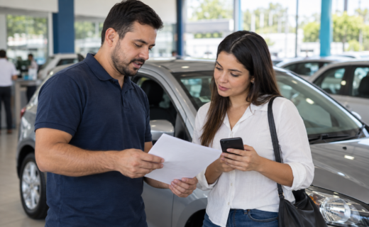 Comprador e vendedor analisam documento e celular junto a carro usado, em fotografia ilustrativa sem texto.