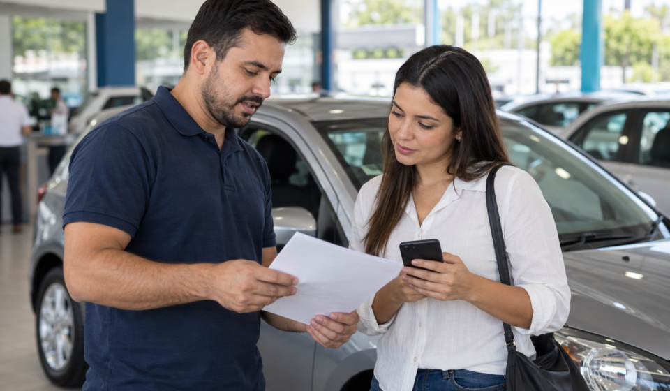 Comprador e vendedor analisam documento e celular junto a carro usado, em fotografia ilustrativa sem texto.