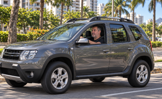 Homem dirigindo SUV cinza visto de lado, com motorista visível pela janela