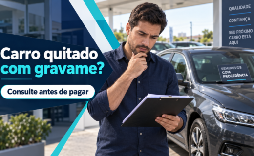 Comprador confere a documentação de um carro usado anunciado como quitado antes de pagar, com a pergunta sobre gravame em destaque.