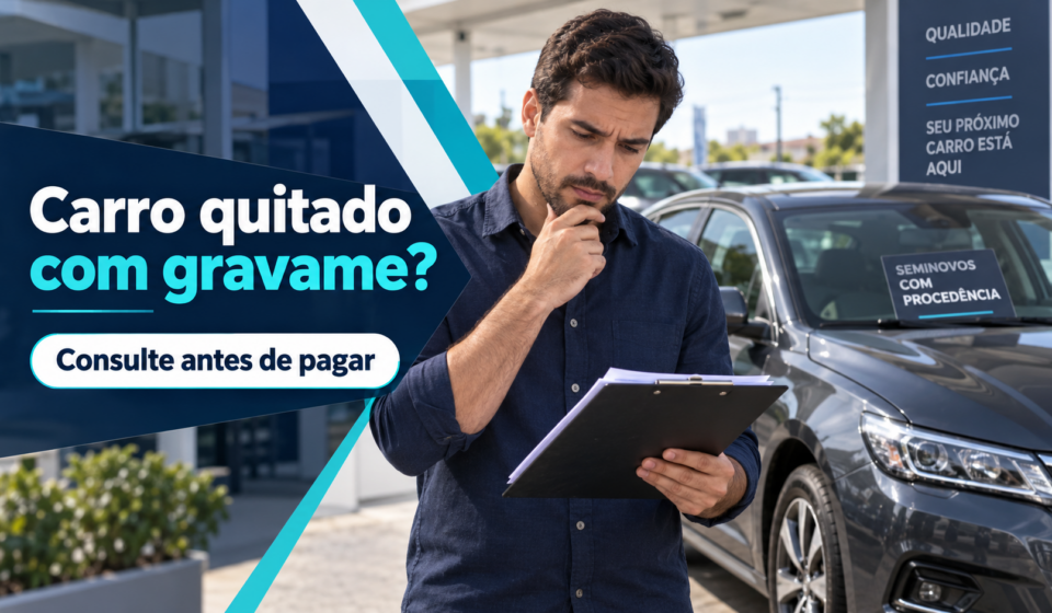 Comprador confere a documentação de um carro usado anunciado como quitado antes de pagar, com a pergunta sobre gravame em destaque.