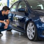 Comprador examina roda e suspensão de um carro usado rebaixado