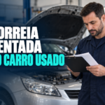 Profissional confere documentos em oficina, em capa com o título Correia dentada no carro usado