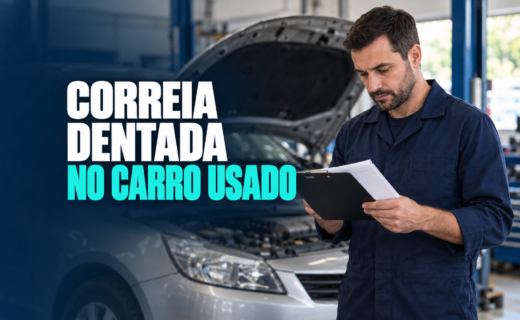 Profissional confere documentos em oficina, em capa com o título Correia dentada no carro usado