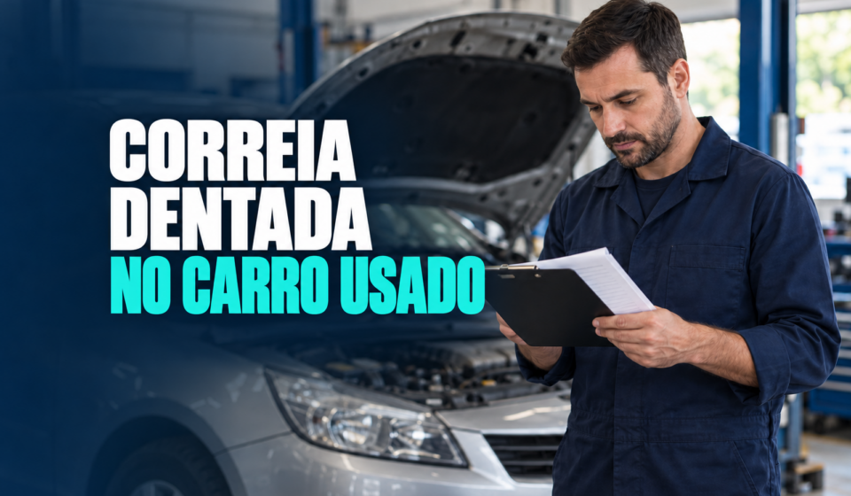 Profissional confere documentos em oficina, em capa com o título Correia dentada no carro usado