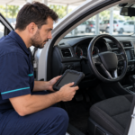Profissional com equipamento de diagnóstico ao lado da porta aberta de um carro estacionado