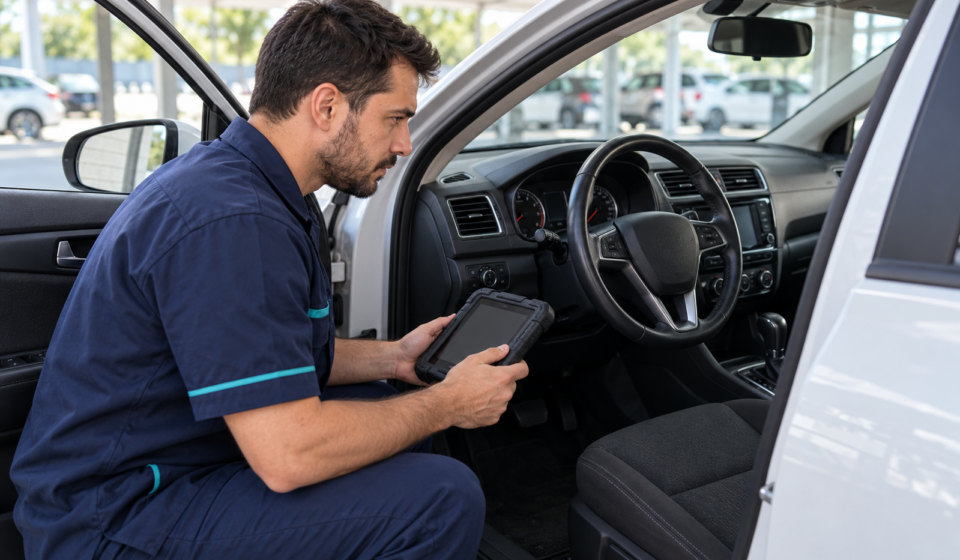 Profissional com equipamento de diagnóstico ao lado da porta aberta de um carro estacionado