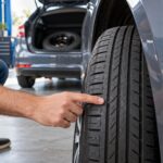 Pessoa inspeciona os sulcos de um pneu de carro usado