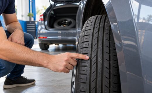 Pessoa inspeciona os sulcos de um pneu de carro usado