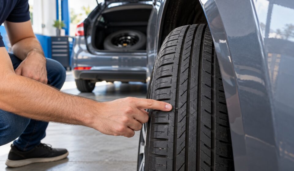 Pessoa inspeciona os sulcos de um pneu de carro usado