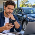Comprador analisa anúncio de carro usado no celular, com notebook e veículo ao fundo