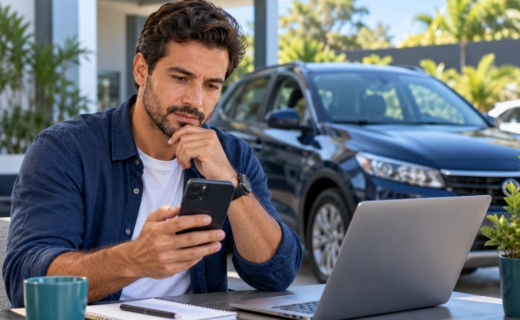 Comprador analisa anúncio de carro usado no celular, com notebook e veículo ao fundo
